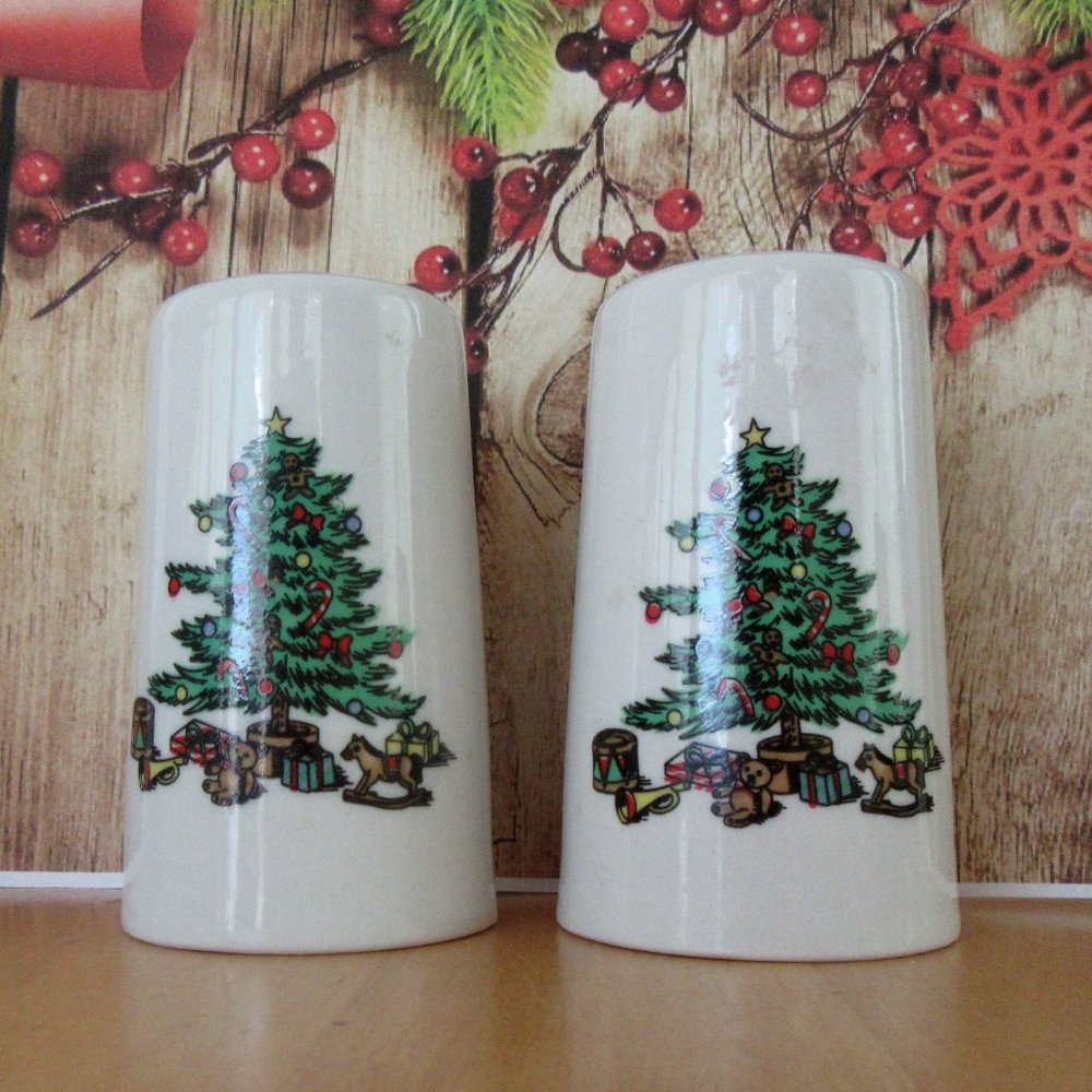 Christmas tree salt & pepper shakers - white china with tree and toys print